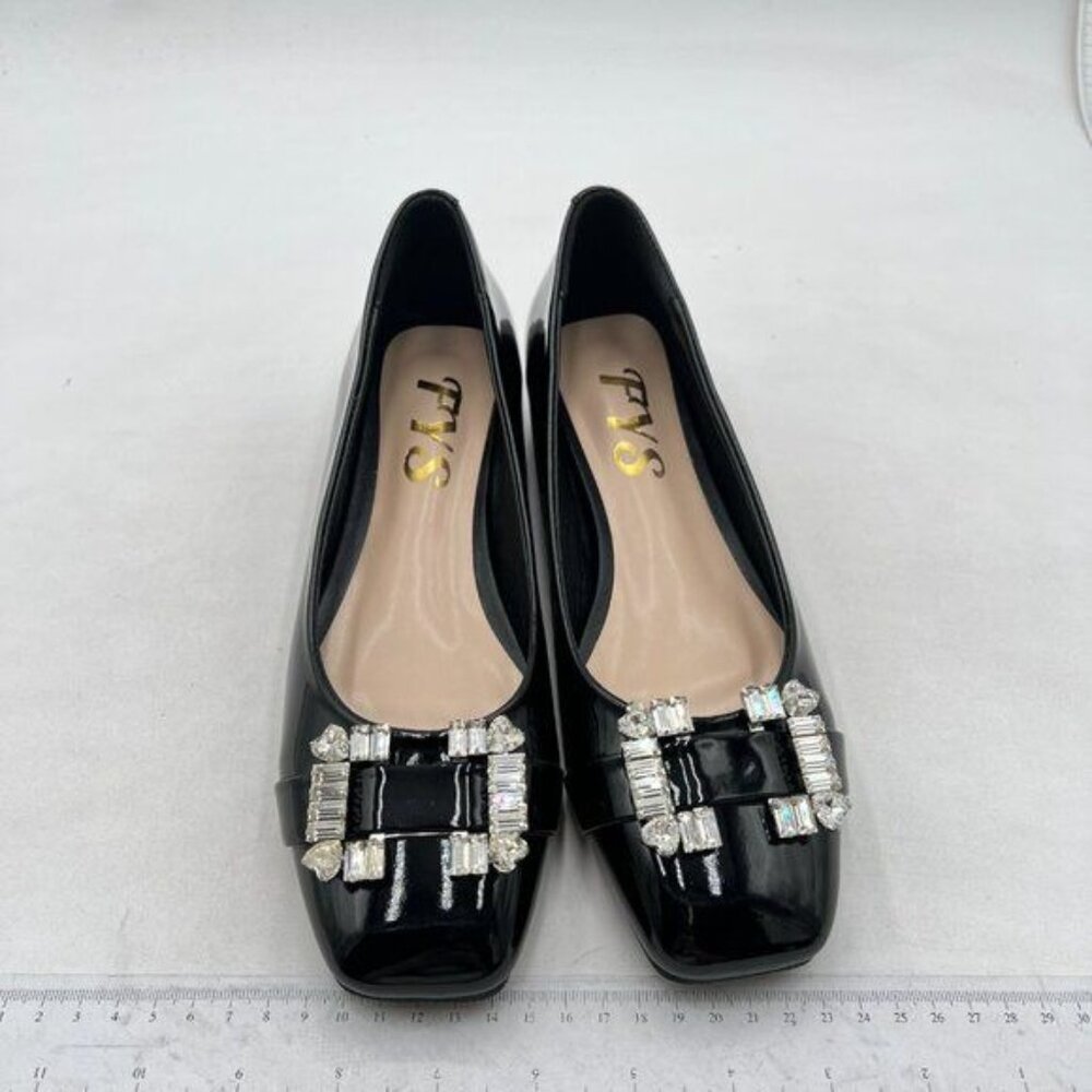 FYS flats square toe Rhinestone Crystal Low Chunky Heel Shoes Black - Picture 2 of 7